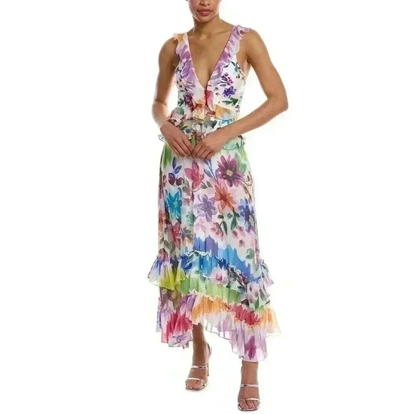 PatBO Hi-Low Maxi Dress M White Floral Ruffle V-Neck Sleeveless wedding guest - Picture 1 of 9